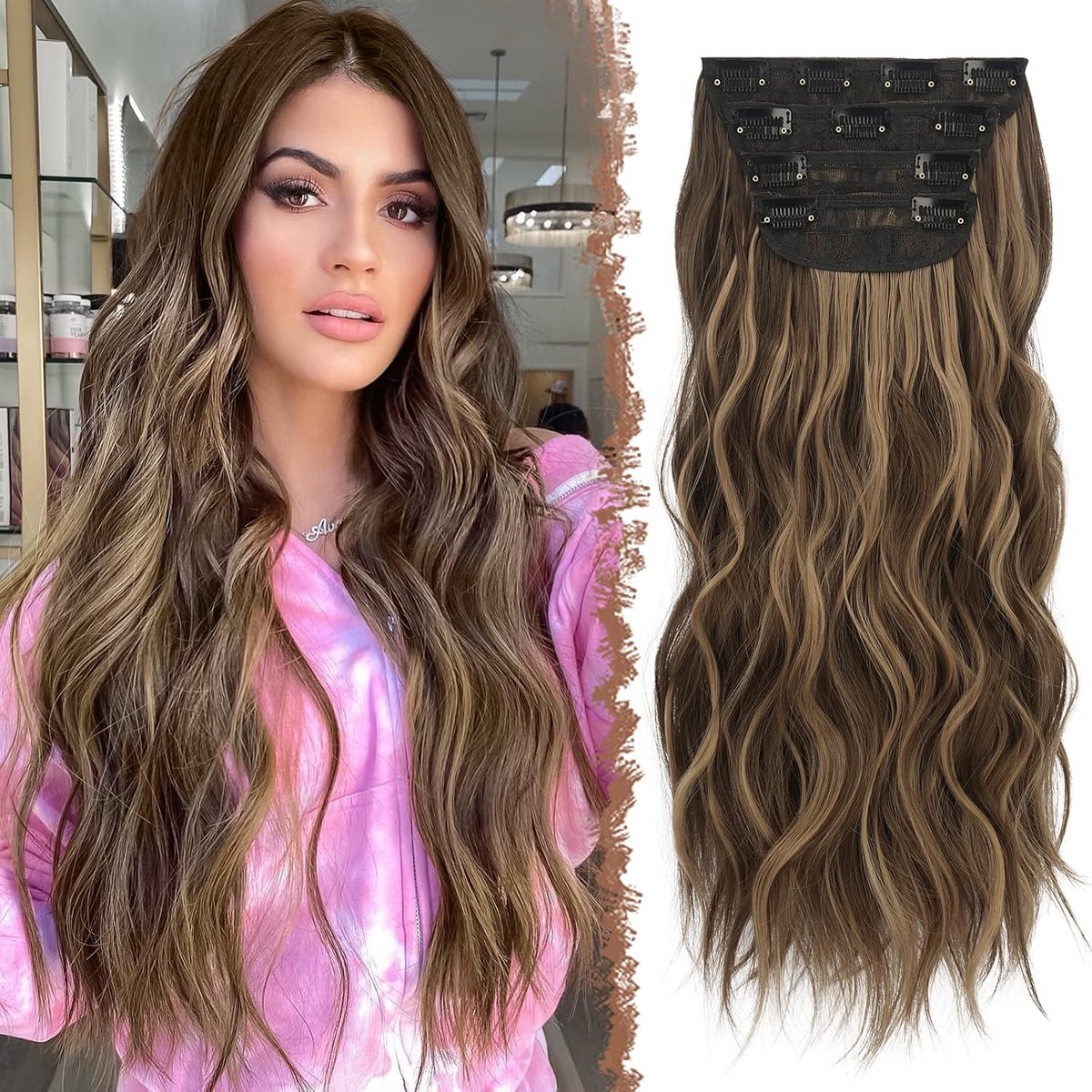 Clip-in Golvende Extensions Synthetische Haarstukjes voor Vrouwen | 4 Stuks 50 cm Lange hittebestendig Haarextensions voor Dagelijks Gebruik en Feestje, Honingblond Gemengd Lichtbruin