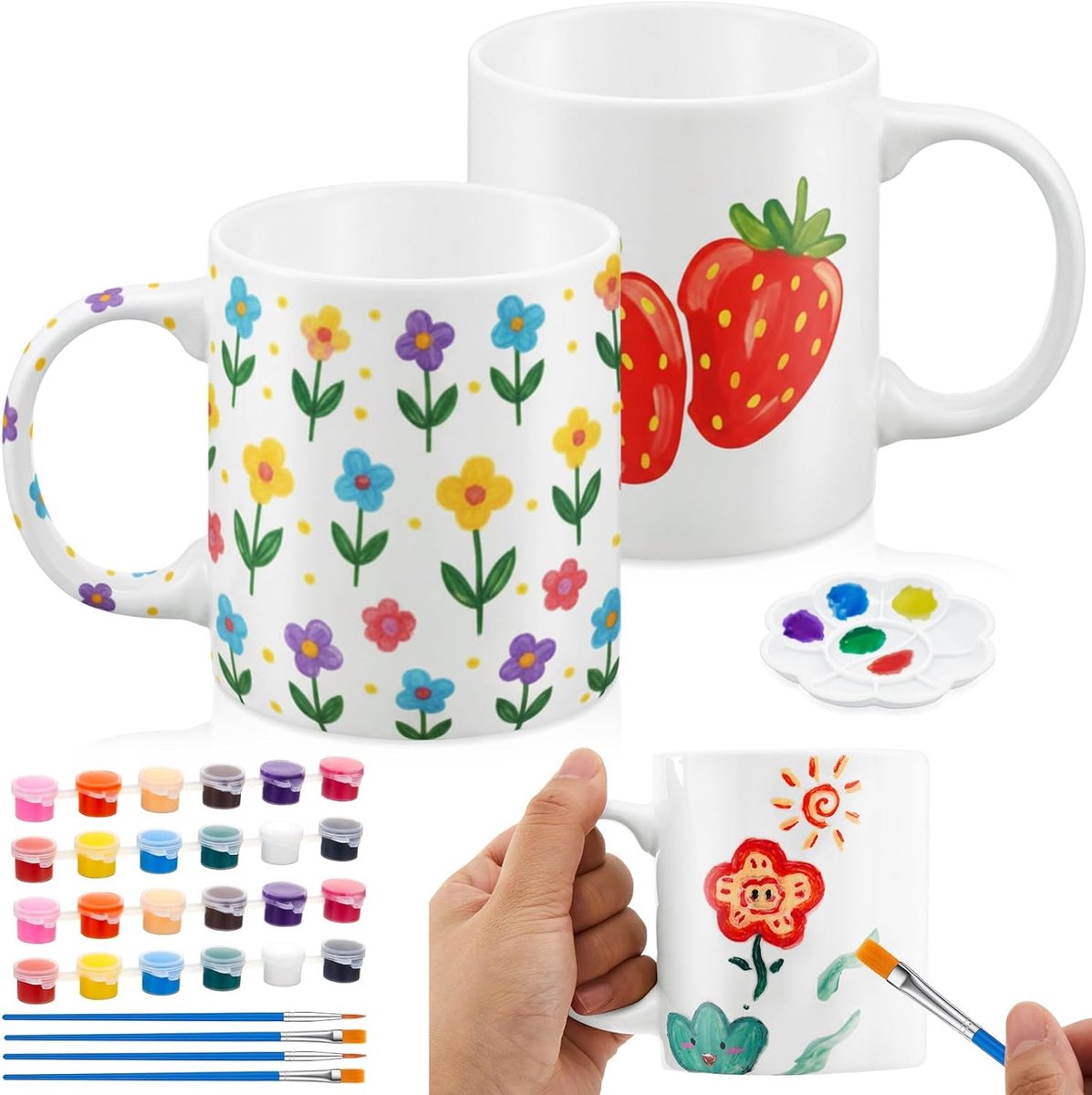 2 Set Aardewerk Schilderen Je Eigen Mok Kit Geschenken - Afstuderen Geschenken, 2 Lege Keramische Bekers met 12 Kleuren & Borstels, DIY voor Koppels, Verjaardag (Klassieke Stijl)