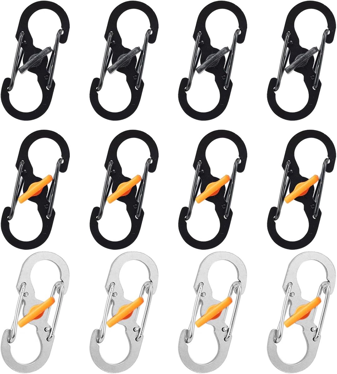 12 stuks mini-karabijnhaken, diefstalbeveiligingsgesp, rugzak-karabijnhaak, karabijnhaak, karabijnclip (zwart, wit, volledig zwart)