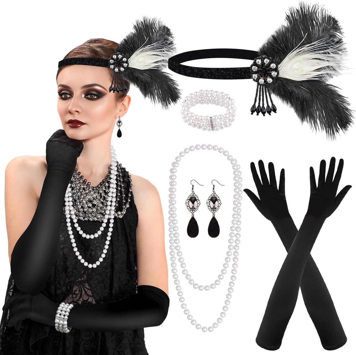 8-delige flapper Great Gatsby-accessoireset, jaren 20-thema, met hoofdband, hoofddeksel, lang, zwart