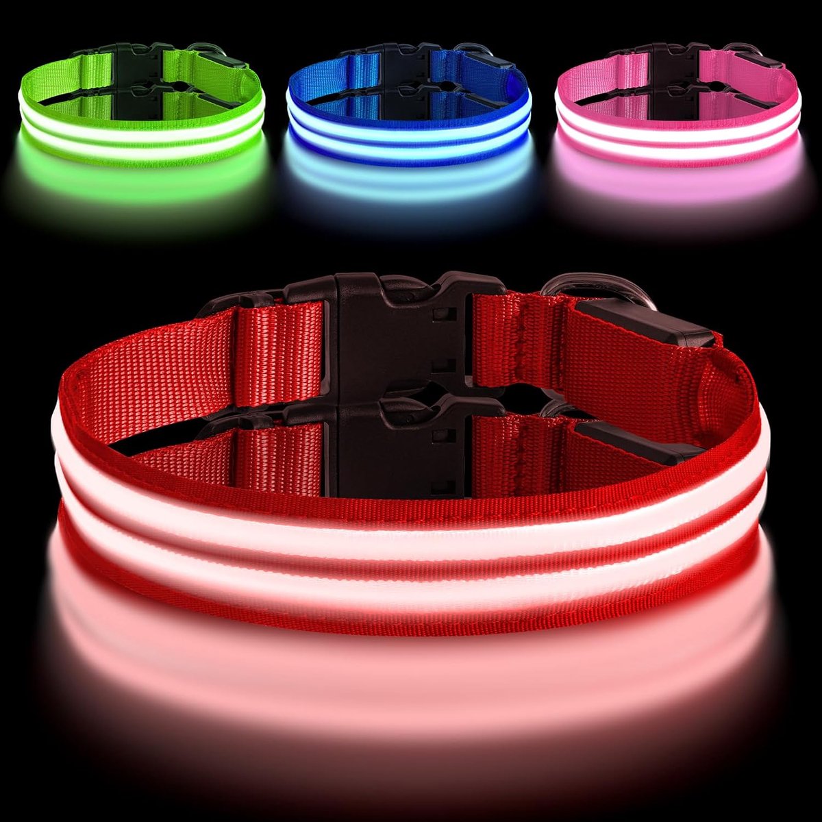 Lichthalsband voor honden, hondenhalsband, oplichtend, oplaadbaar, met 3 verlichtingsmodi, instelbaar knipperlicht, veiligheidsknop, led-hondenhalsband, waterdicht, voor kleine, middelgrote en