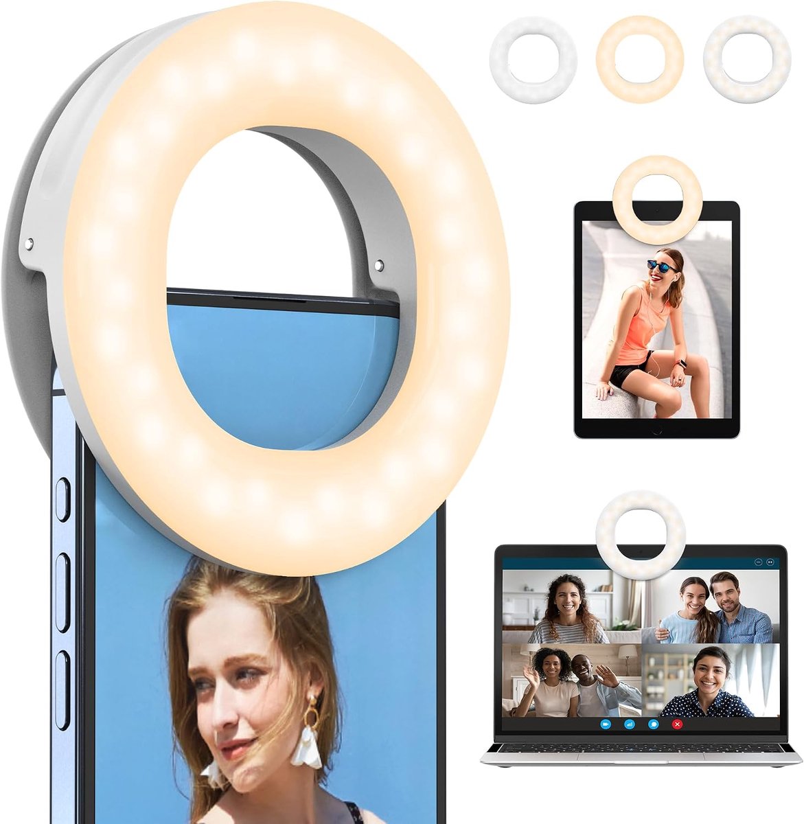 Selfie Cell PhoneLight, oplaadbare Clip-on 3-Mode 48 LED Selfie Ring Light, Video Ring Light voor Tablets, Laptops, Live Streaming, TikTok, Make-up en Videoconferencing