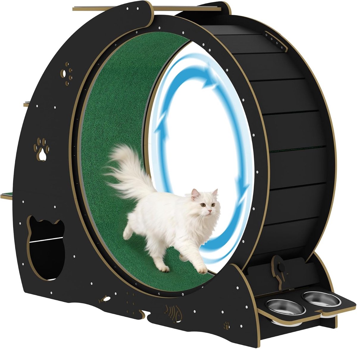 Loopwiel voor katten - 5-in-1 stil loopwiel voor katten - Krabplank - Speelrol - Voerbak - Stil loopwiel voor katten - Groot loopwiel voor katten van massief hout - Houtkleur
