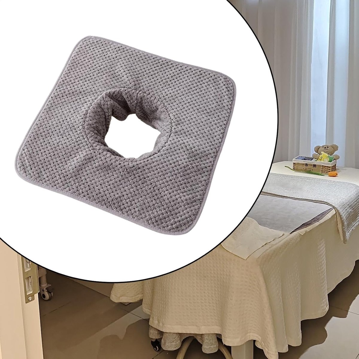 Massagetafel Handdoek - Herbruikbaar Koraalfluweel - Met Gezichtsopening - 35 x 35 cm - Lichtgrijs - Geschikt voor Schoonheidsbehandelingen, Spa en Salon - Zacht en Absorberend
