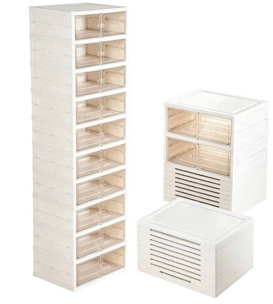 Étagère à chaussures blanche à 10 niveaux avec portes transparentes, assemblée avec une unité plus large et plus basse.
