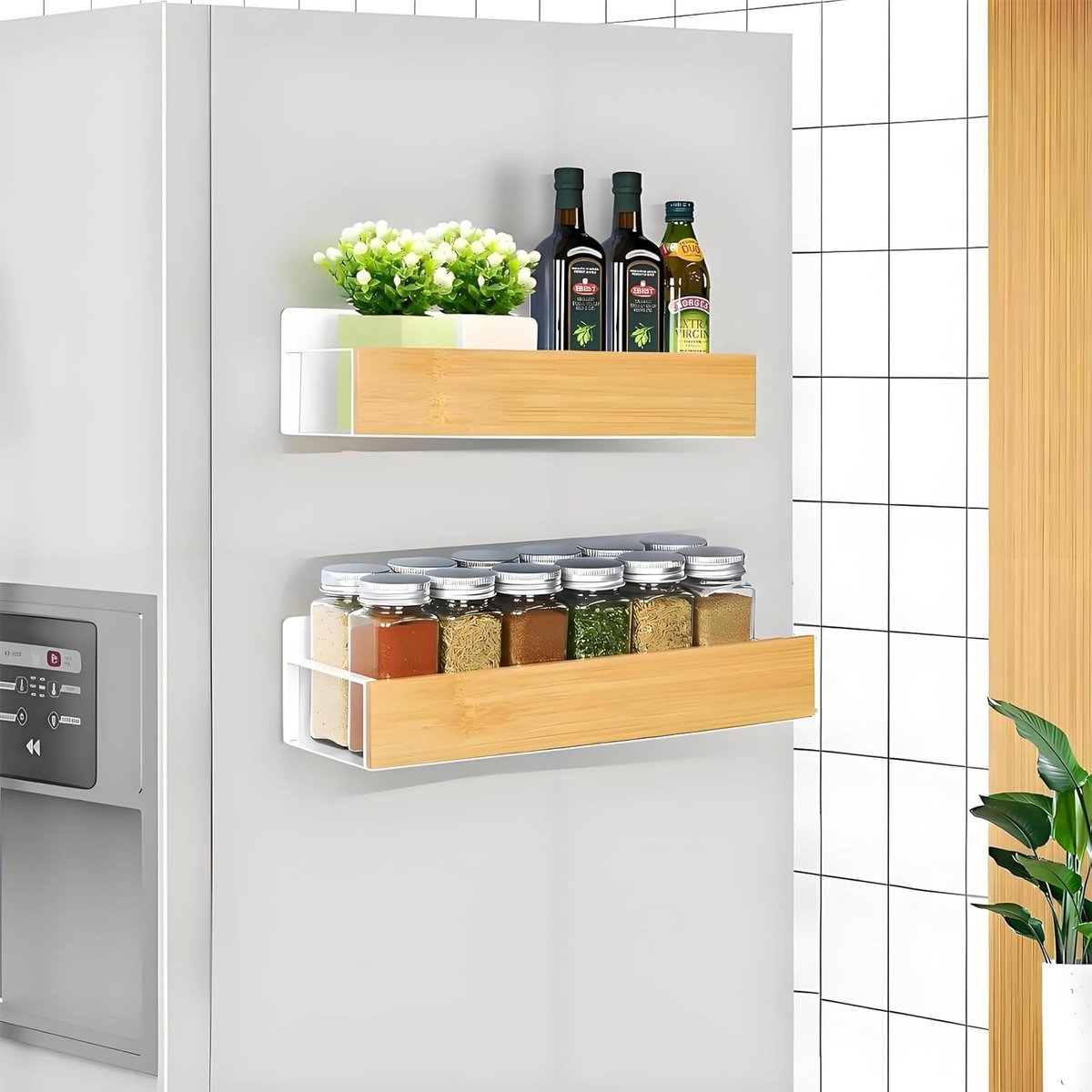 KZQ Magnetisch Kruidenrek voor Koelkast Wit - 2 Stuks Magnetisch Rek Hout - Koelkast Magneet Plank Bamboe Magnetic Spice Rack Magnetic Shelf voor Keuken Opslag en Organisatie - Wit