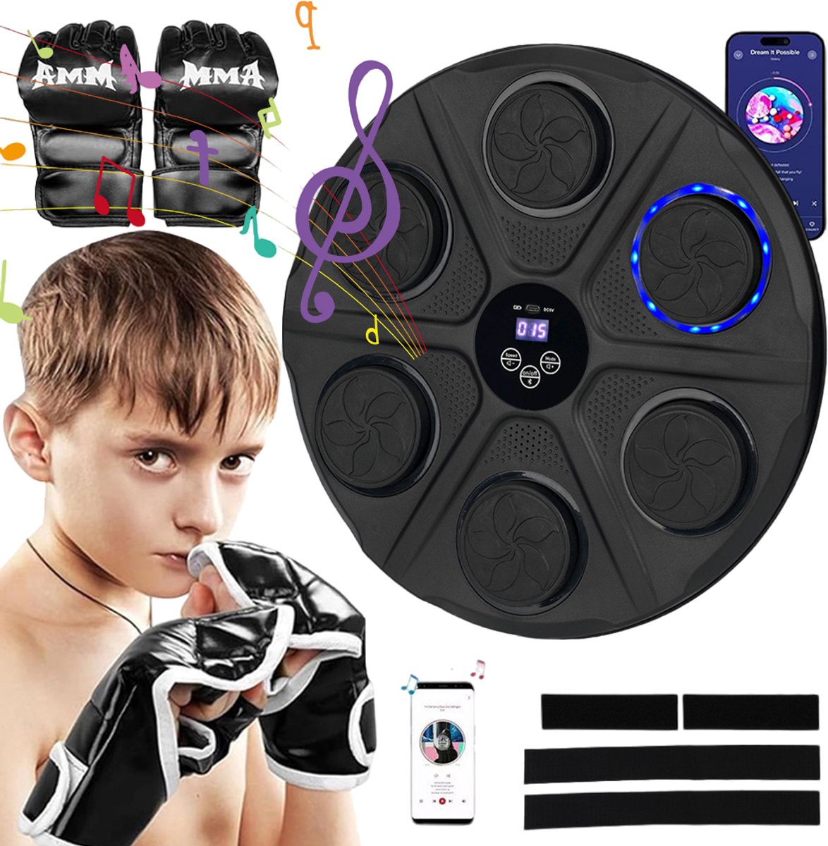 Slimme Muzikale Boksmachine - Wandgemonteerde Bokstrainer - 12 Trainingsmodi - 12 Snelheidsniveaus - Bluetooth-muziek met LED-slagenteller - Inclusief Ademende Bokshandschoenen - Voor Thuisfitness, Reactietraining en Gezinsgebruik