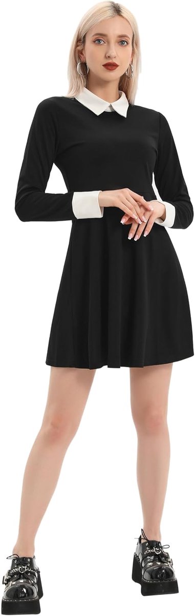 Cocktailjurk, bubikraag, zwart, lange mouwen, flare, skaterjurk, zwart, maat L