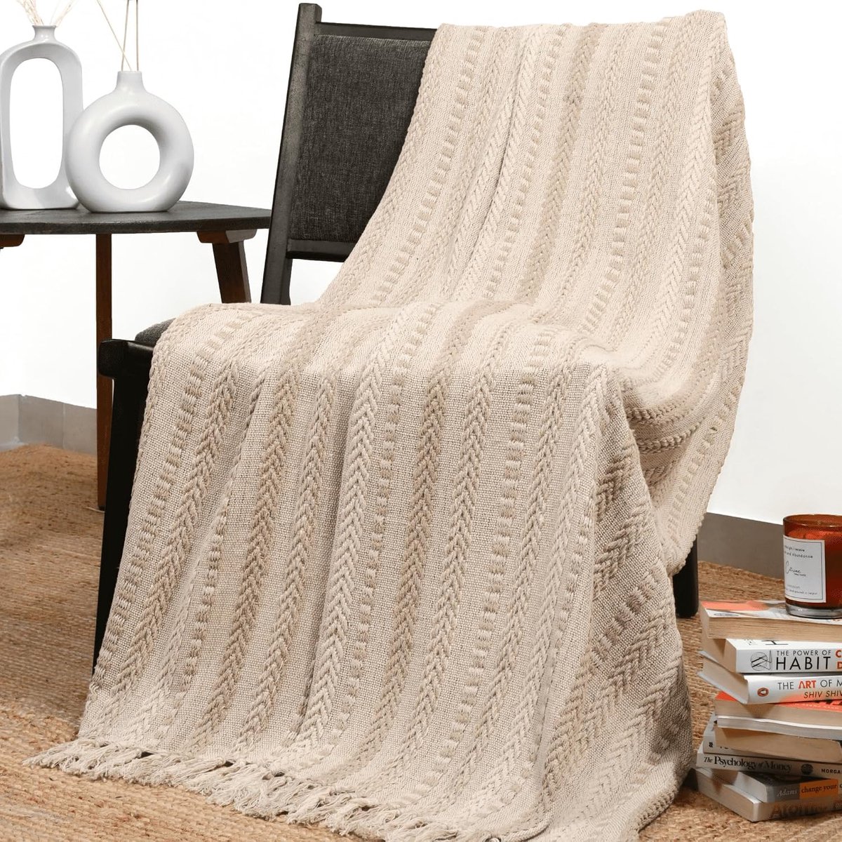 gooi deken boho woonkamer decor bruine katoenen streep gezellige beddekens met franje zacht en luxe voor bank, stoel en dagelijks gebruik - 50 x 60 inch