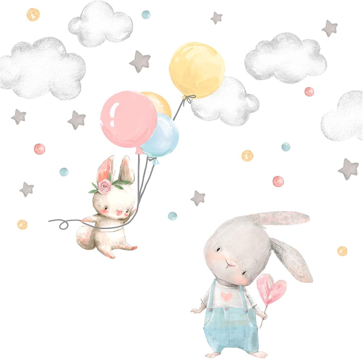 Deco Muursticker babykamer, hazen en ballon, wandafbeelding 123 x 82 cm (b x h), sterren, wolken, sticker, kinderkamer, meisje, muursticker, baby, meisjeskamer, DL602