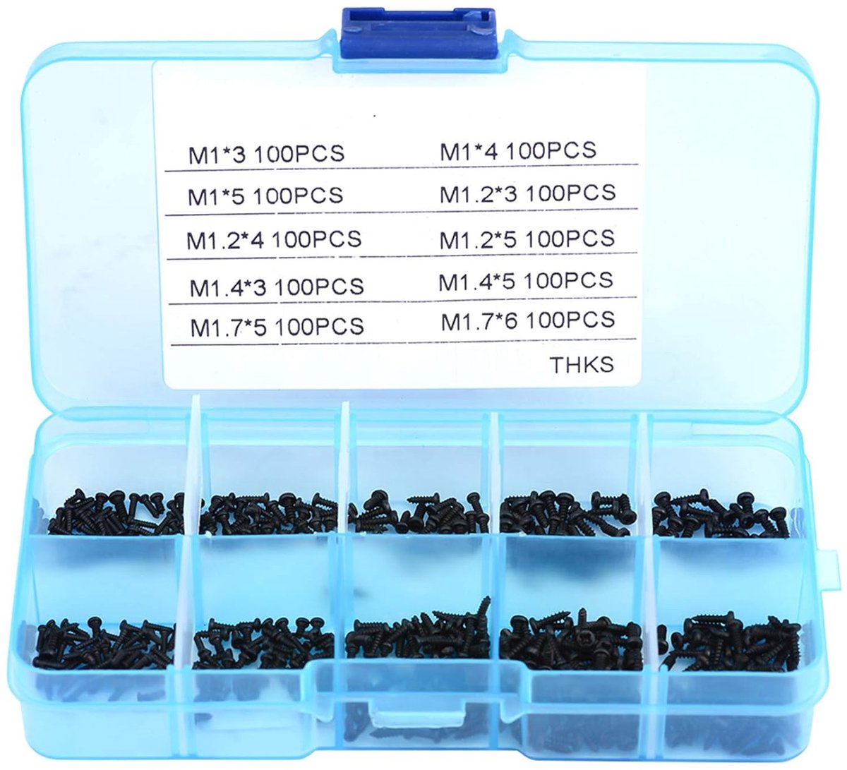 1000 stuks kleine zwarte schroeven kruiskop zelftappende schroeven assortiment kit M1 M1.2 M1.4 M1.7 met een kunststof opbergdoos