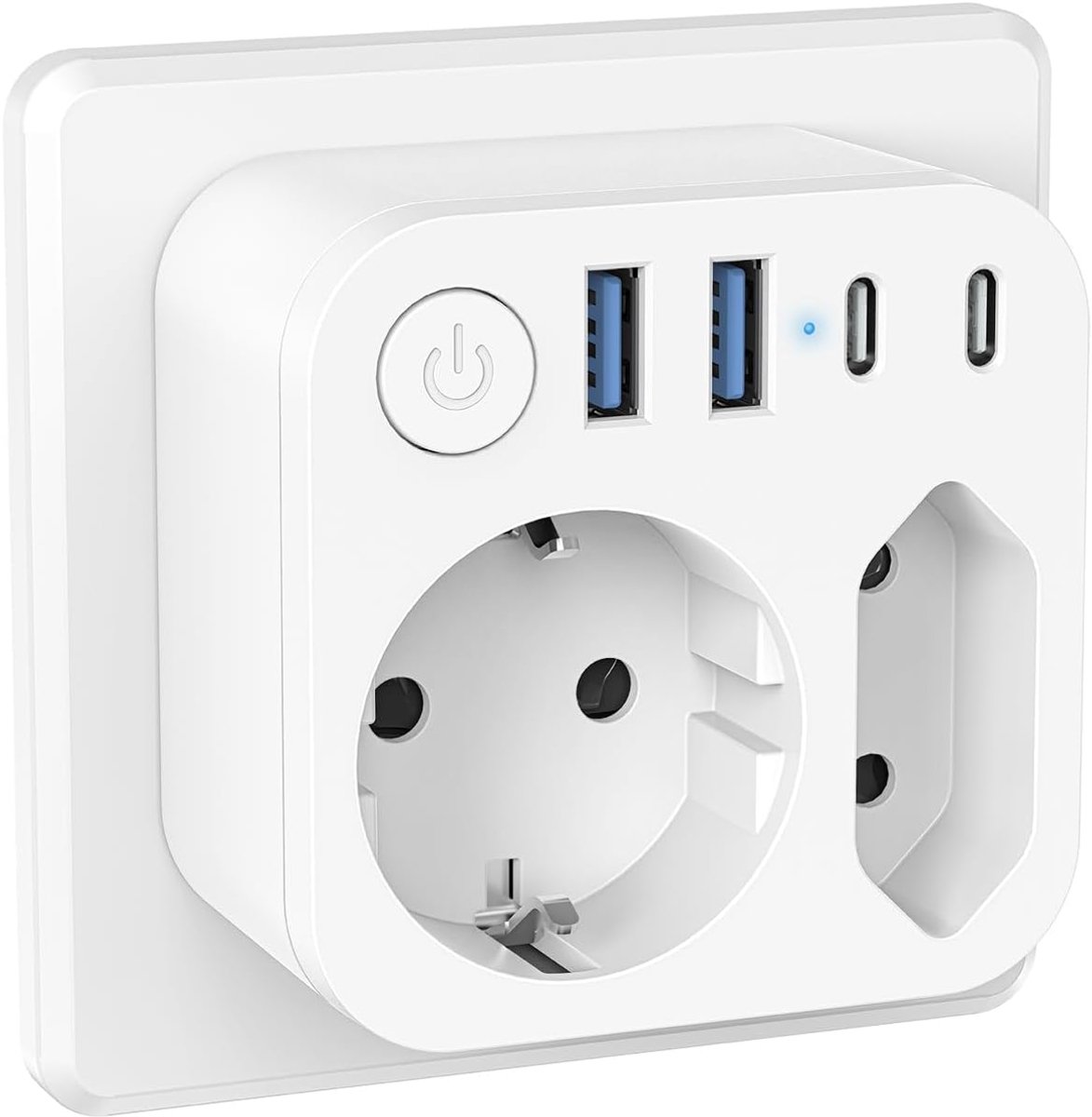 6-in-1 Stekkerdoos met 4 USB (2 type C), Dubbele Stekker voor Stopcontacten, 2-Voudige Meervoudige Stekker met Schakelaar voor Telefoons en Huishoudelijke Apparaten, Wit