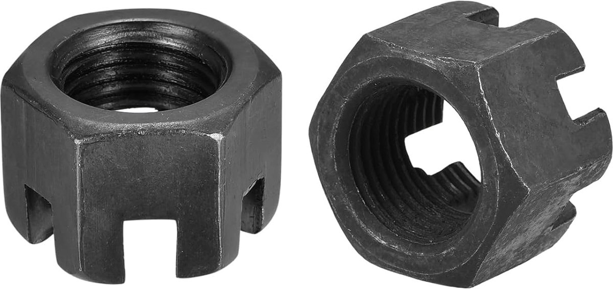 Zeskantmoeren met sleuf, M16 x 1,5 mm, zeskantmoeren van koolstofstaal, klasse 4.8, zwart, 8 stuks