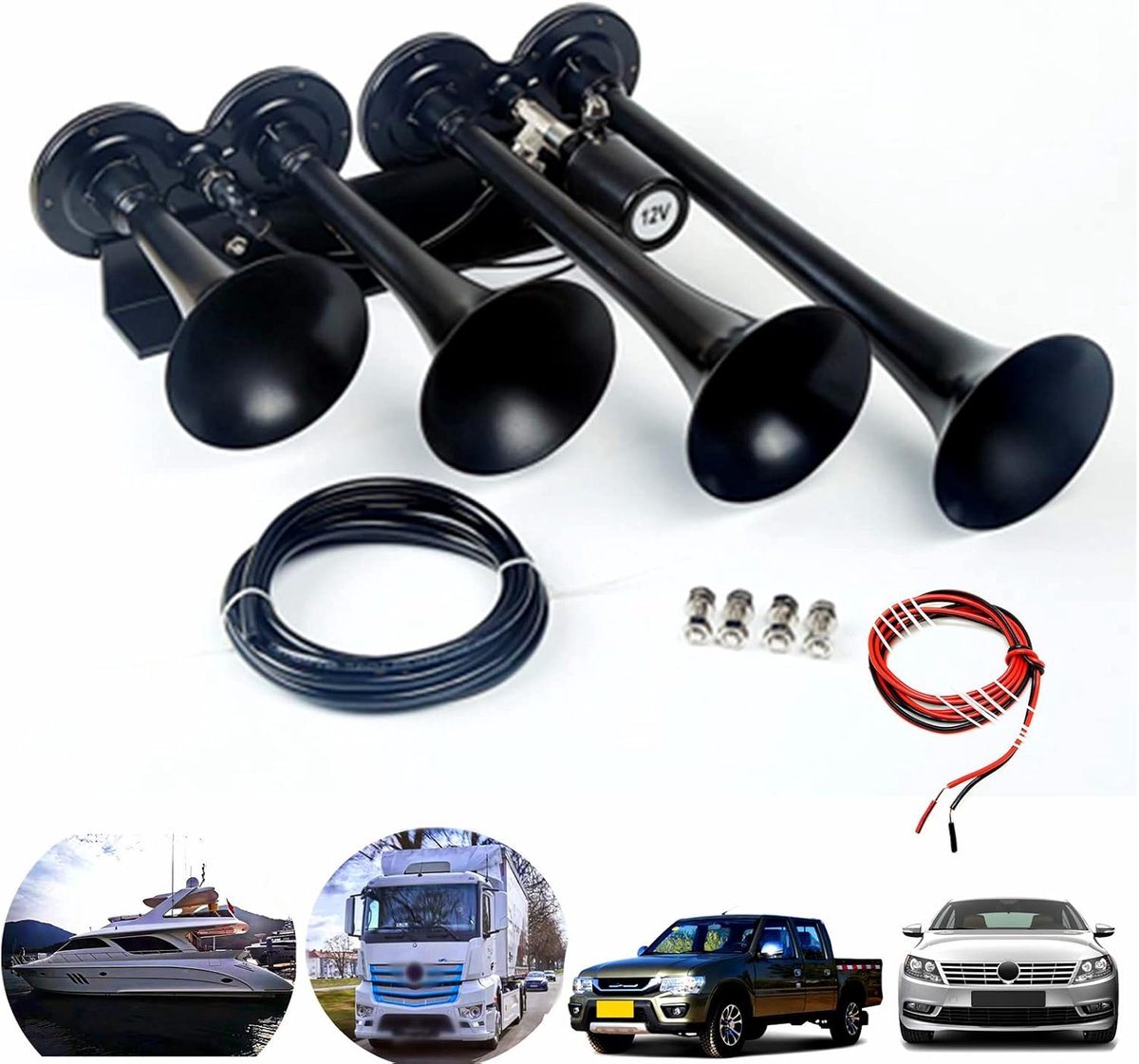 claxon voor auto, 160 dB, chroom, zink, waterdicht, vier buizen, zwart, 12 V, voor boot, vrachtwagen, trein