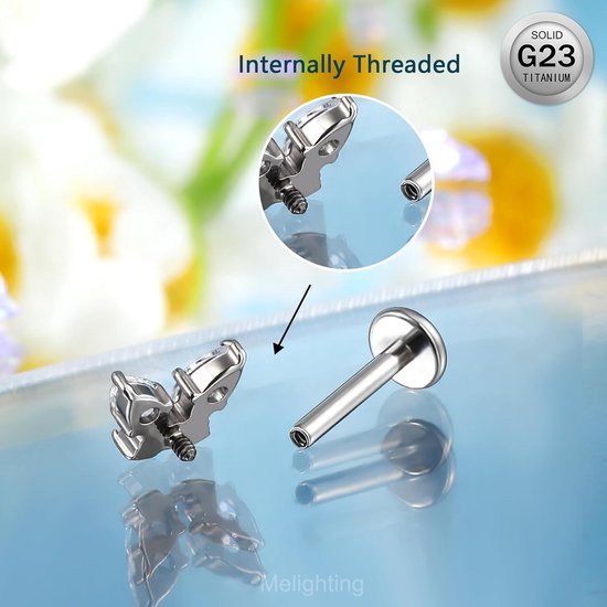 G23 Titanium Kraakbeen Oorbel Intern Schroefdraad Labret Stud Vlinder Helix Oorbellen Lob Earring CZ Platte Terug Oorbel 16G Tragus Piercing Sieraden — afbeelding 3