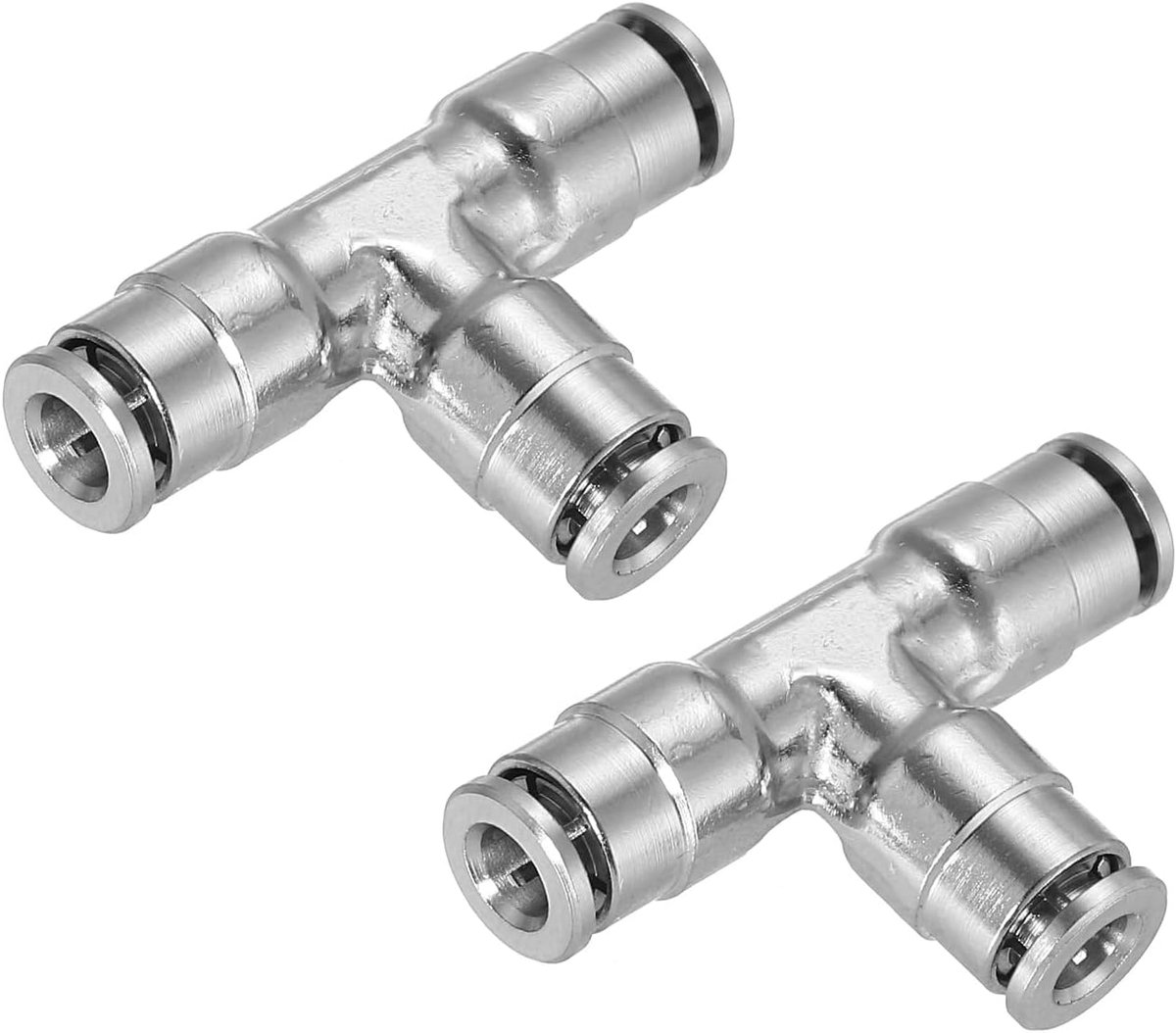 4 mm OD T-stuk push-to-connect fittingen, vernikkeld messing, snelverbinding, 3-weg T-stuk, luchtleidingsschroefverbindingen, zilver, 2 stuks