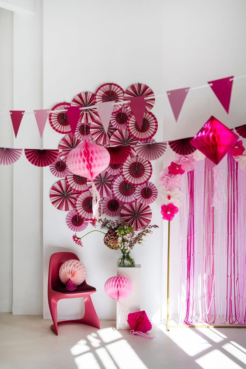 24312 Roze papieren feestdecoraties vlaggetjesslinger banner - perfect roze - 6 meter - bruiloft, festival, carnaval, verjaardagsdecoraties, babyshower meisje