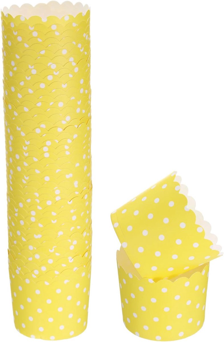 50 stuks bakvormpjes van papier, 150 ml, voor pannenkoeken en cupcakes, wegwerp, vetafstotend, voor bruiloft, verjaardag, afstuderen, geel met stippen