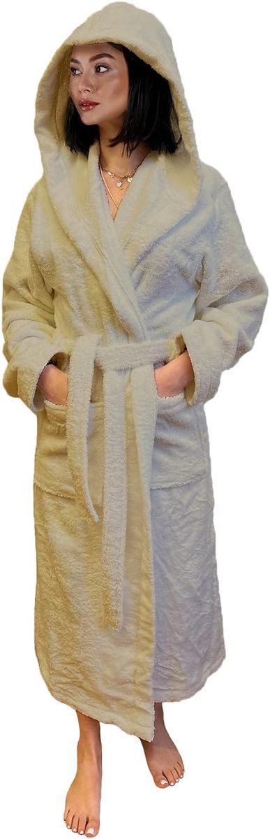 Badjas voor heren en dames, voor hotel en luxe SPA, katoenen badstof, met capuchon, eenkleurig, model: Parel, beige strand, L