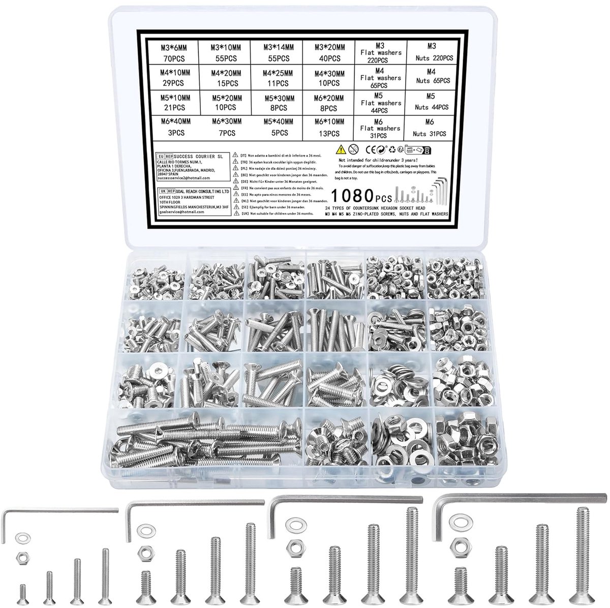 1080 zinkenkopschroeven moeren set, M3 M4 M5 M6 schroeven set, platkopschroeven binnenzeskant schroeven en moeren set met sluitringen, machineschroeven assortiment, draadschrouwen