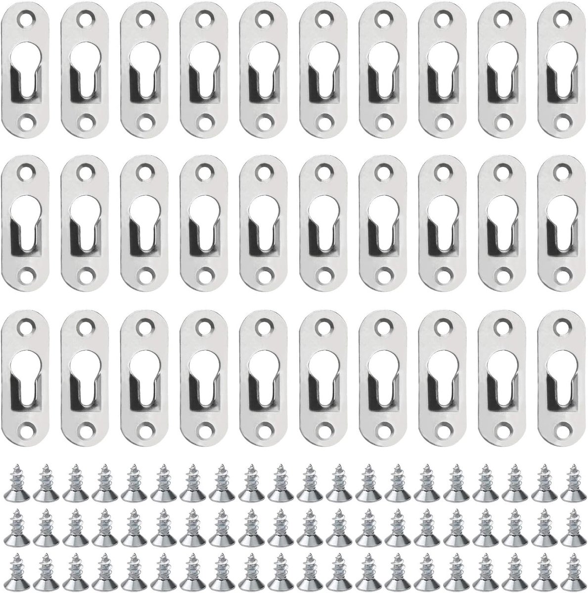 30 stuks Fotohangers Sleutelgatbevestigingen voor Fotolijsten met 60 stuks schroeven en Opbergdoos, Zilver, Ijzer, 44mm