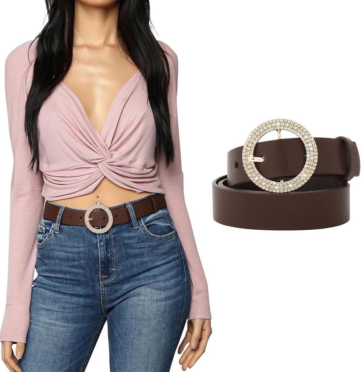BB Belt riem voor dames, strass, riem voor dames, leren riem, glitter voor dames, voor jeans, bling, bling, riem, dames, glitterriem, western cowgirl-riem, bruin nr. 2, 130cm:Anzug für Hosengröße 97cm-120cm
