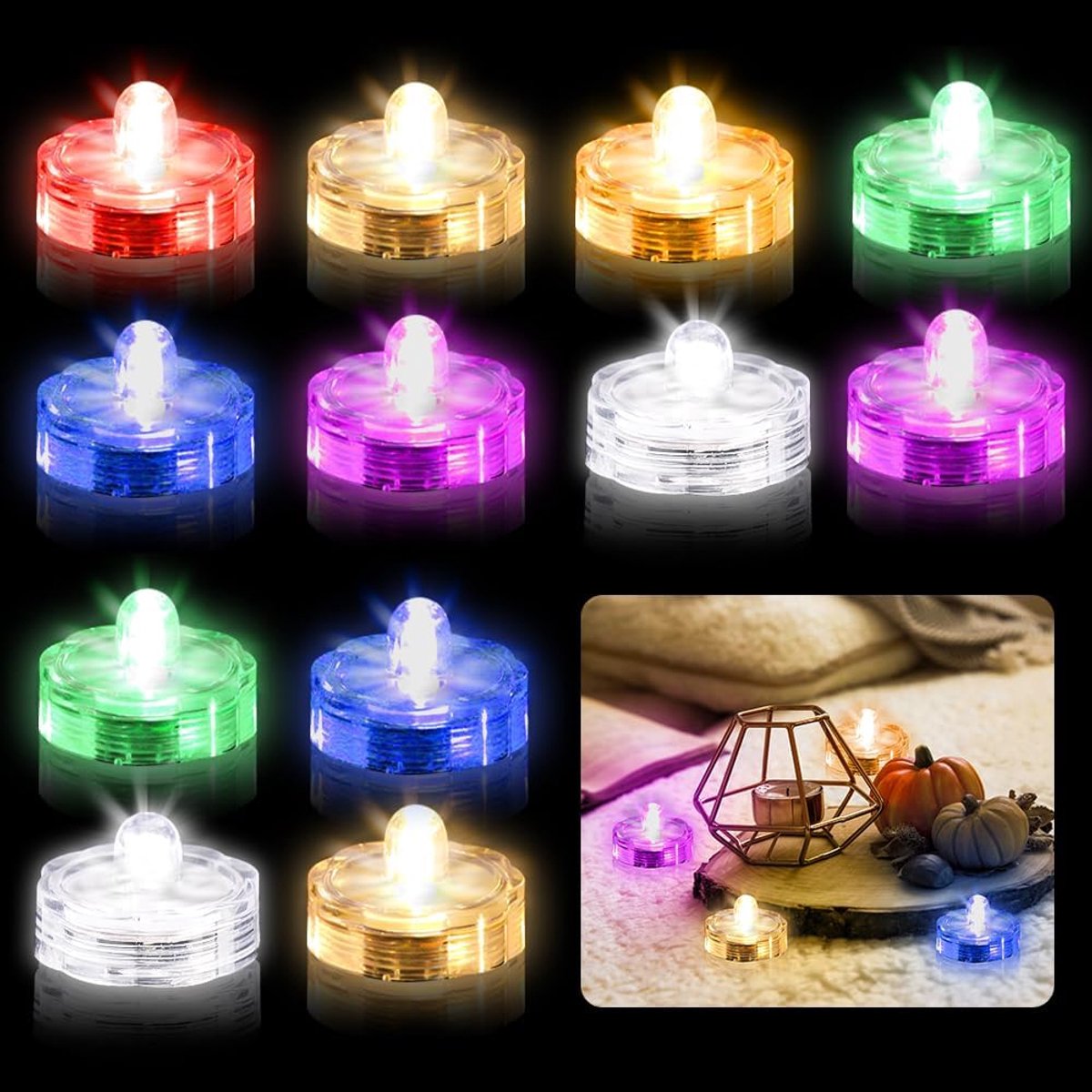 12 stuks led-kaarsen, theelichtjes, vlamloze kaarsen, mini onderwater, waterdichte ledverlichting, led-vijververlichting, decoratieve verlichting voor feest, bruiloft, tuin, kleurrijke kleur