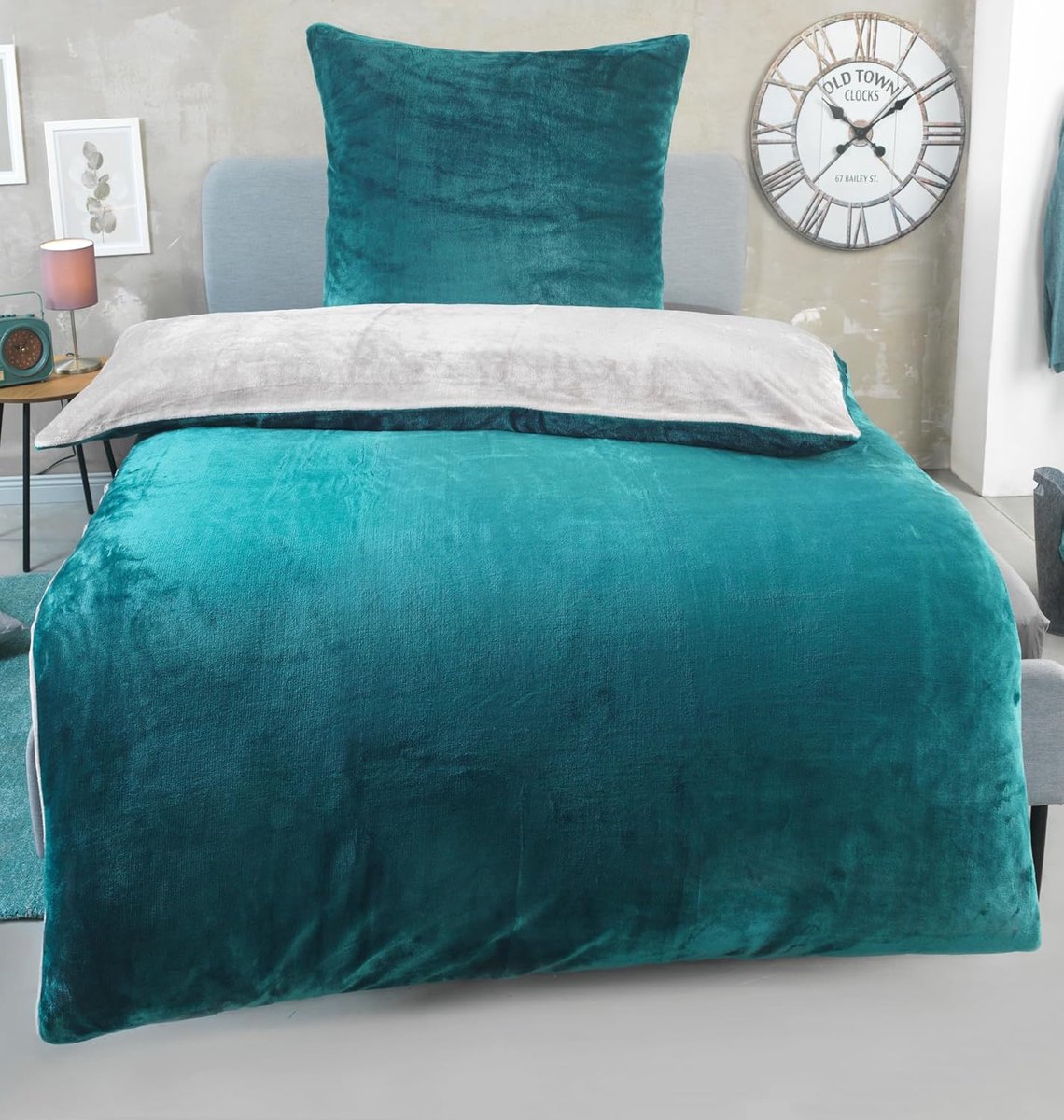 Nicky-Teddy Beddengoed van pluche, omkeerbaar fleece, dekbedovertrek met kussensloop 80 x 80 cm, kleur: smaragdgroen-zilver, 135 x 200 cm