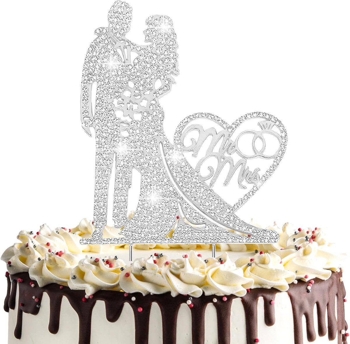 Taarttopper voor bruiloft, met strass, Mr & Mrs, decoratie, bruiloft, taart, bruidstaart, decoratie, taarttopper bruiloft, gepersonaliseerd, taartsteker bruiloft (zilver)