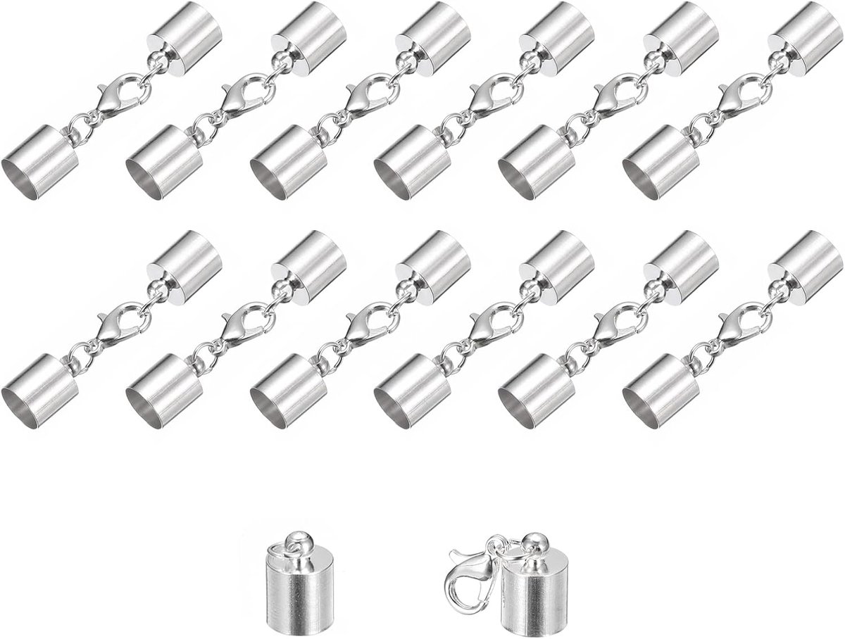 sourcing map 20 Set 8 mm lederen koord eindkappen met kreeftsluiting klemmen cilinder eindstukken voor doe-het-zelvers maken lederen armbanden zilverkleurig