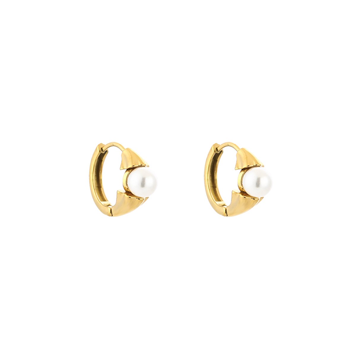 Sculptural Fluted Pearl Huggie Hoops – Luxe Oorringen met Pareldetail – RVS - Goud