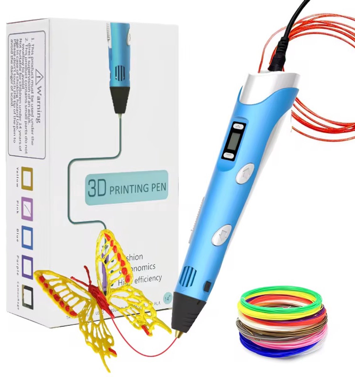 3D pen starterspakket – 3D pen vullingen – 3D pen filament – 3D pen voor kinderen en volwassenen – Inclusief 10 kleuren filamenten – Penhouder – Blauw