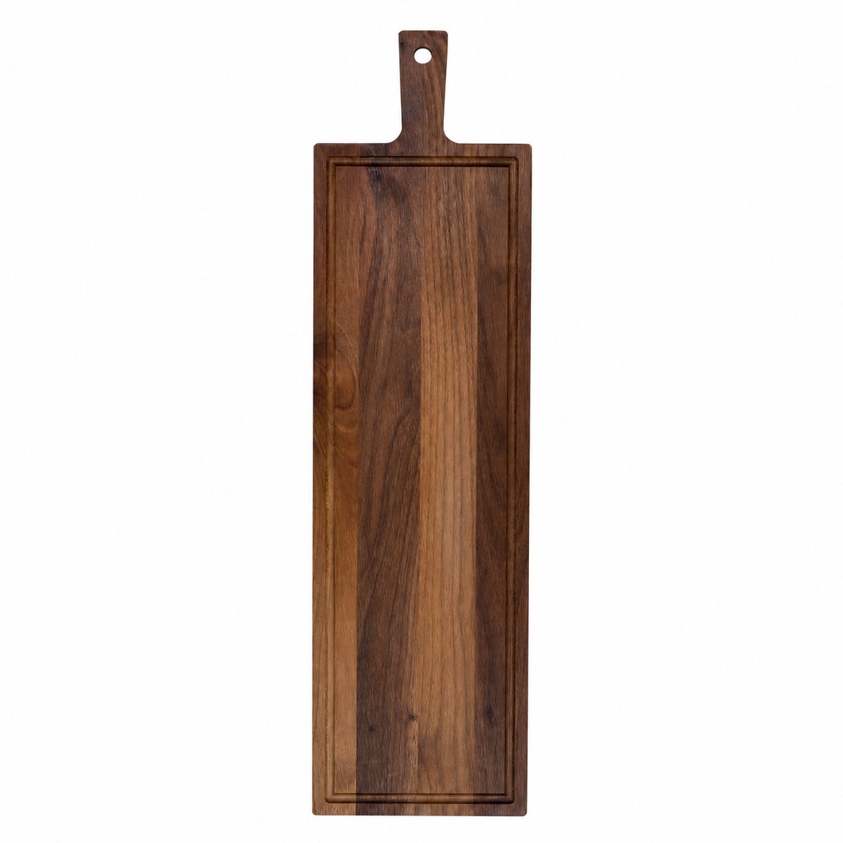 Extra Lange Borrelplank met Handvat en Sapgeul – FSC 100% Walnoothout – Serveerplank – 69 x 19 cm