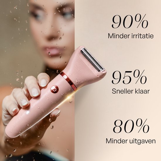 Roze ladyshave met gouden accenten, waterdruppels, en de tekst '90% Minder irritatie', '95% Sneller klaar', '80% Minder uitgaven'.
