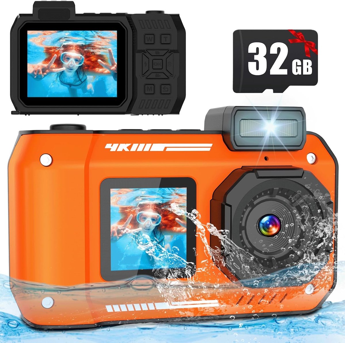 4K 48MP-onderwatercamera – Waterdicht tot 10 m, dubbel scherm, autofocus, inclusief 32GB-kaart; schokbestendige en stofdichte digitale camera voor duiken, snorkelen, reizen en sport – Oranje