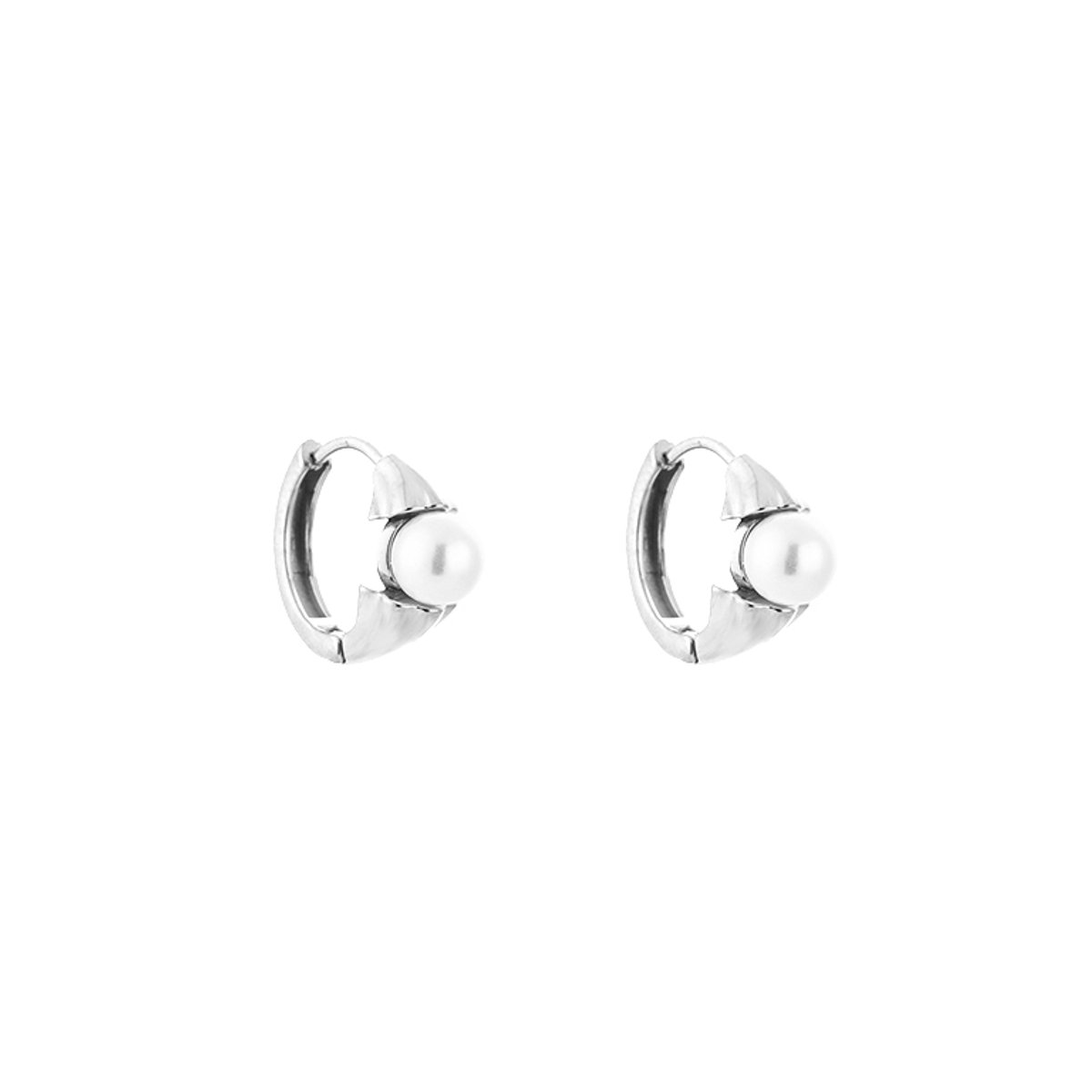Sculptural Fluted Pearl Huggie Hoops – Luxe Oorringen met Pareldetail – RVS - Zilver