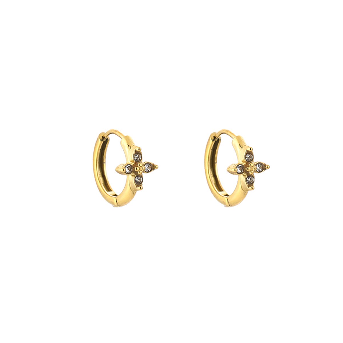 Zirconia Starburst Cross Huggie Hoops – Luxe Oorringen met Zirkonia Sterkruis – RVS - Goud