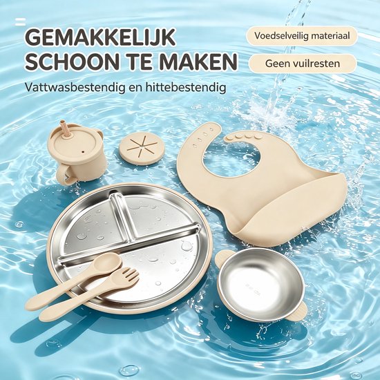 Baby Eetset 11-Delig Voedselveilig Siliconen En 304 Rvs - Slab, Borden, Kom En Bestek - Vanaf 6 Maanden - Met Zuignap - BPA Vrij - Voor Baby & Peuters - Beige wit — afbeelding 5