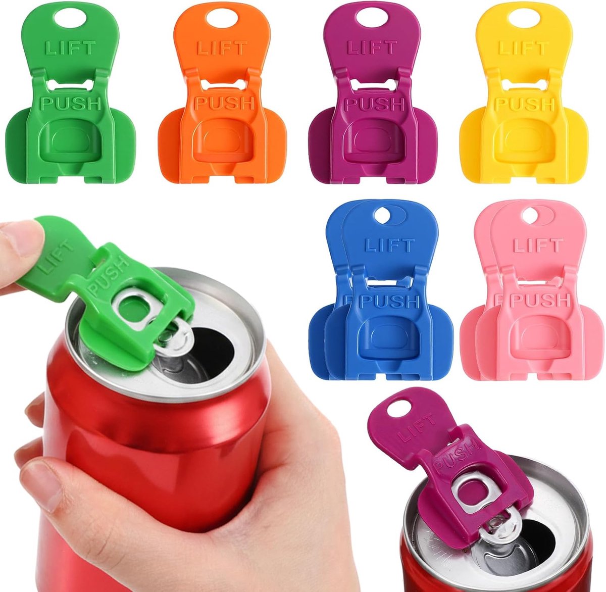 SnelShoppen - 8 stuks frisdrankblikopenerset met tabopener en drankbeschermer - Herbruikbare kleurrijke plastic blik-toppers voor cola, bier, frisdran