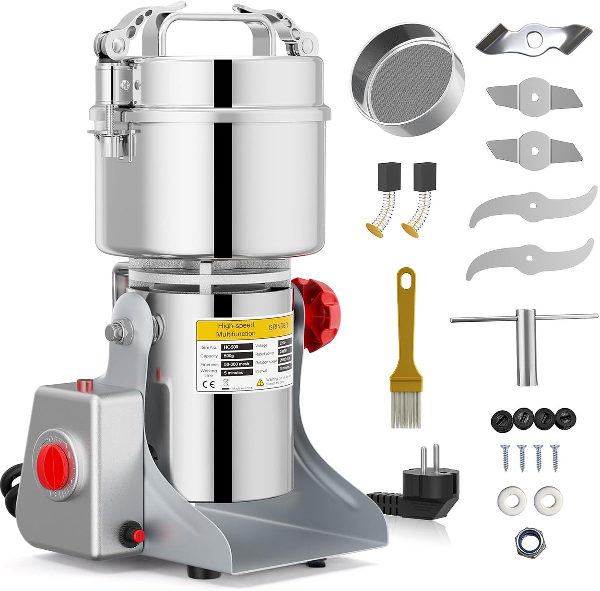 SnelShoppen - Draagbare Graan Grinder 220V, Hoge Snelheid Maalmachine, Voor Kruid, Noten, Granen, Met Overload Bescherming en Veiligheidsdeksel, 500 g