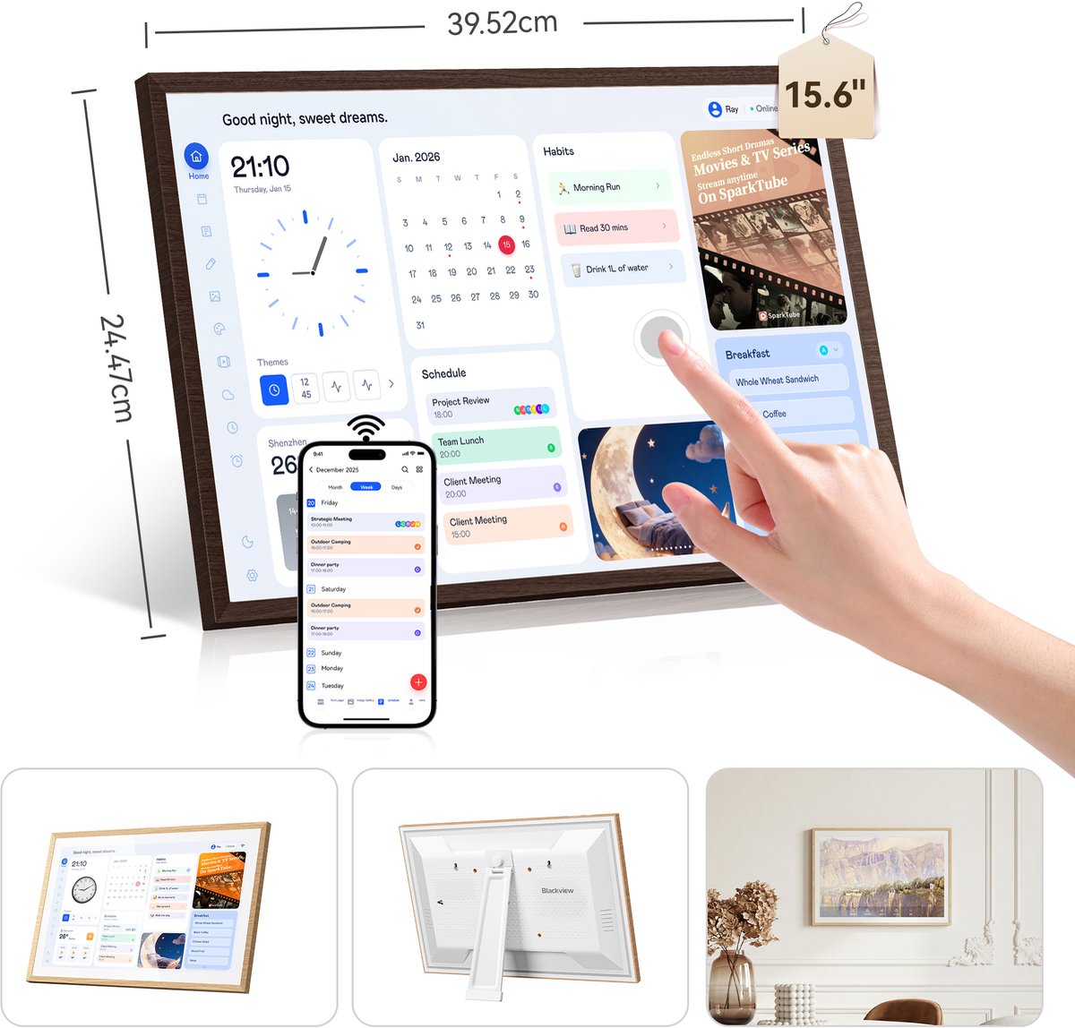 Blackview NEST15 – Digitaal fotolijstje – 15,6 inch FHD IPS-touchscreen – Oogvriendelijk ontwerp met houtnerf – Real-time fotosynchronisatie – Geschikt voor thuis en op kantoor – Walnootkleurig