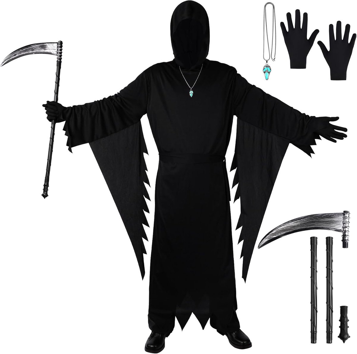 Kostuum voor volwassenen, 5 stuks, zwart, Halloween, spookset, met cape en capuchon, handschoenen, riem, dooddodense, lichtgevende halsketting, heren, Sensenman-kostuum, dames, Reaper