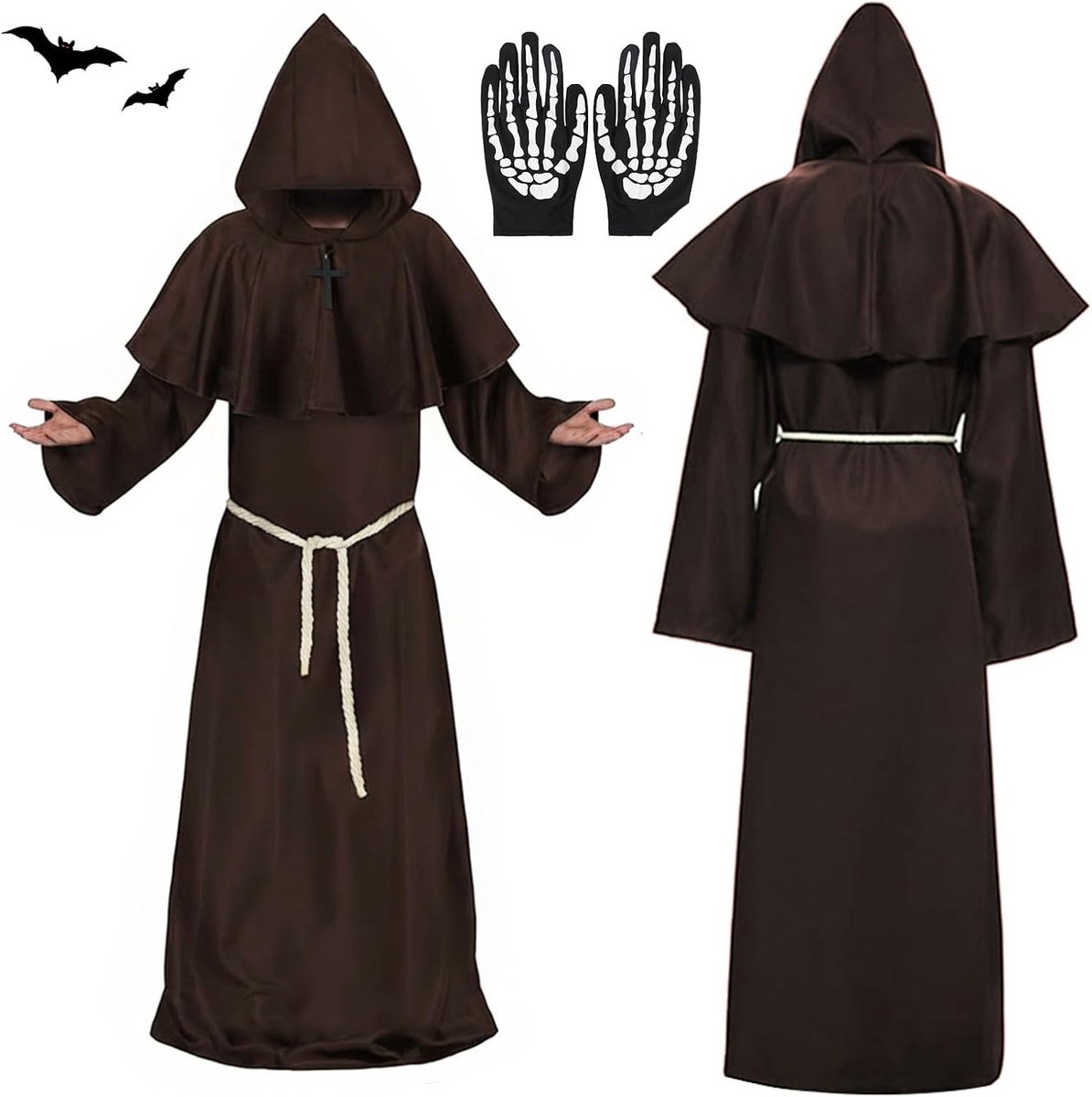 Monnikenkostuum voor heren, Halloween, monnik-priestergewaad, capuchon en kruis, middeleeuws renaissance-kostuum, voor themafeest, Halloween, carnaval