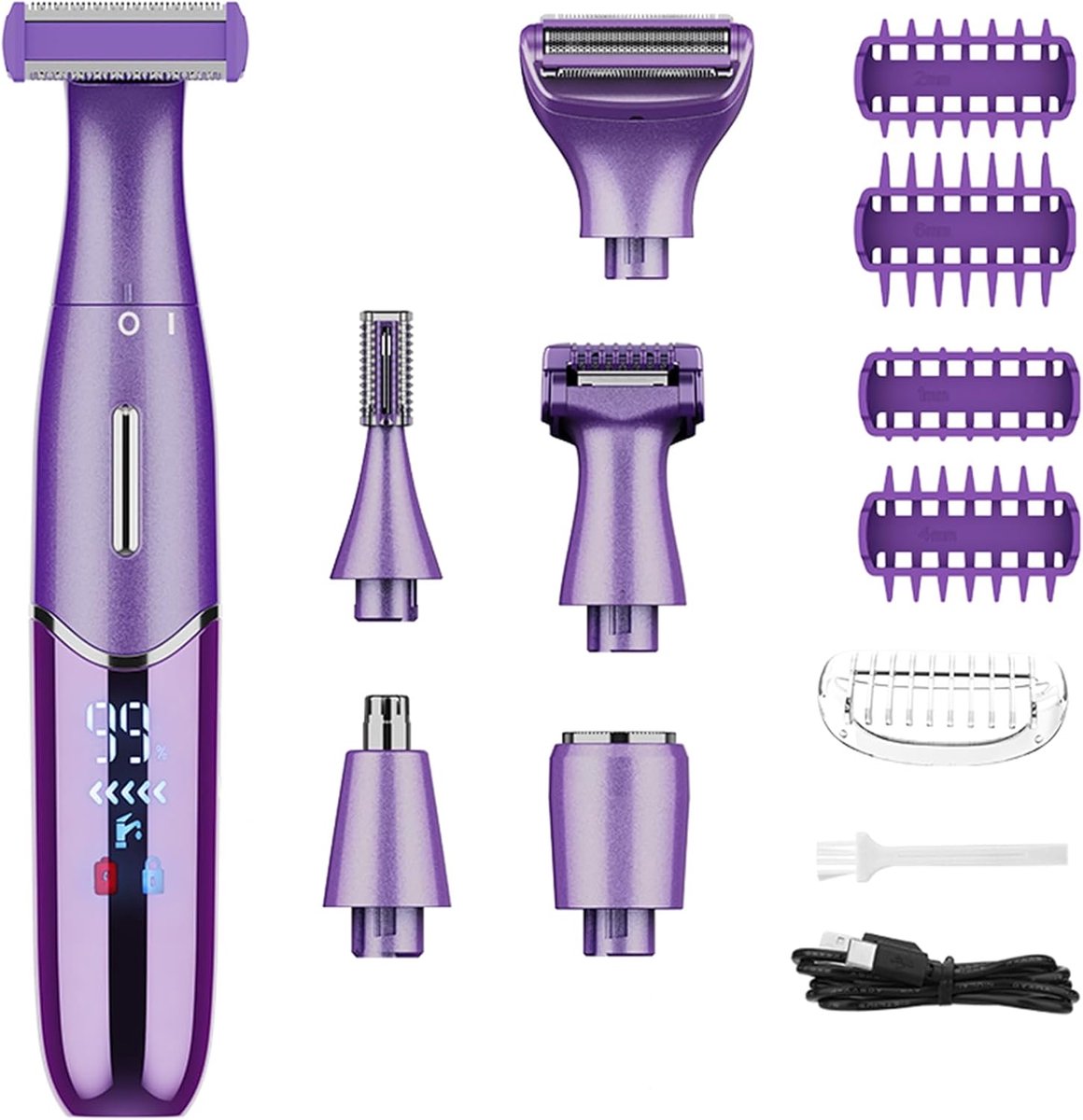 scheerapparaat voor vrouwen, 6-in-1 scheerapparaat voor dames, draadloos elektrisch damesscheerapparaat voor lichaam, benen, gezicht en bikinizone, USB-opladen, paars
