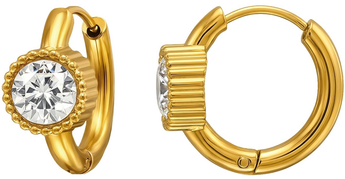 Joy Ibiza - oorbellen - zirkonia oorringen - 16 mm met klap scharnier sluiting - chirurgisch staal - ear party boho - bohemian style - ip/pvd goldplated t42
