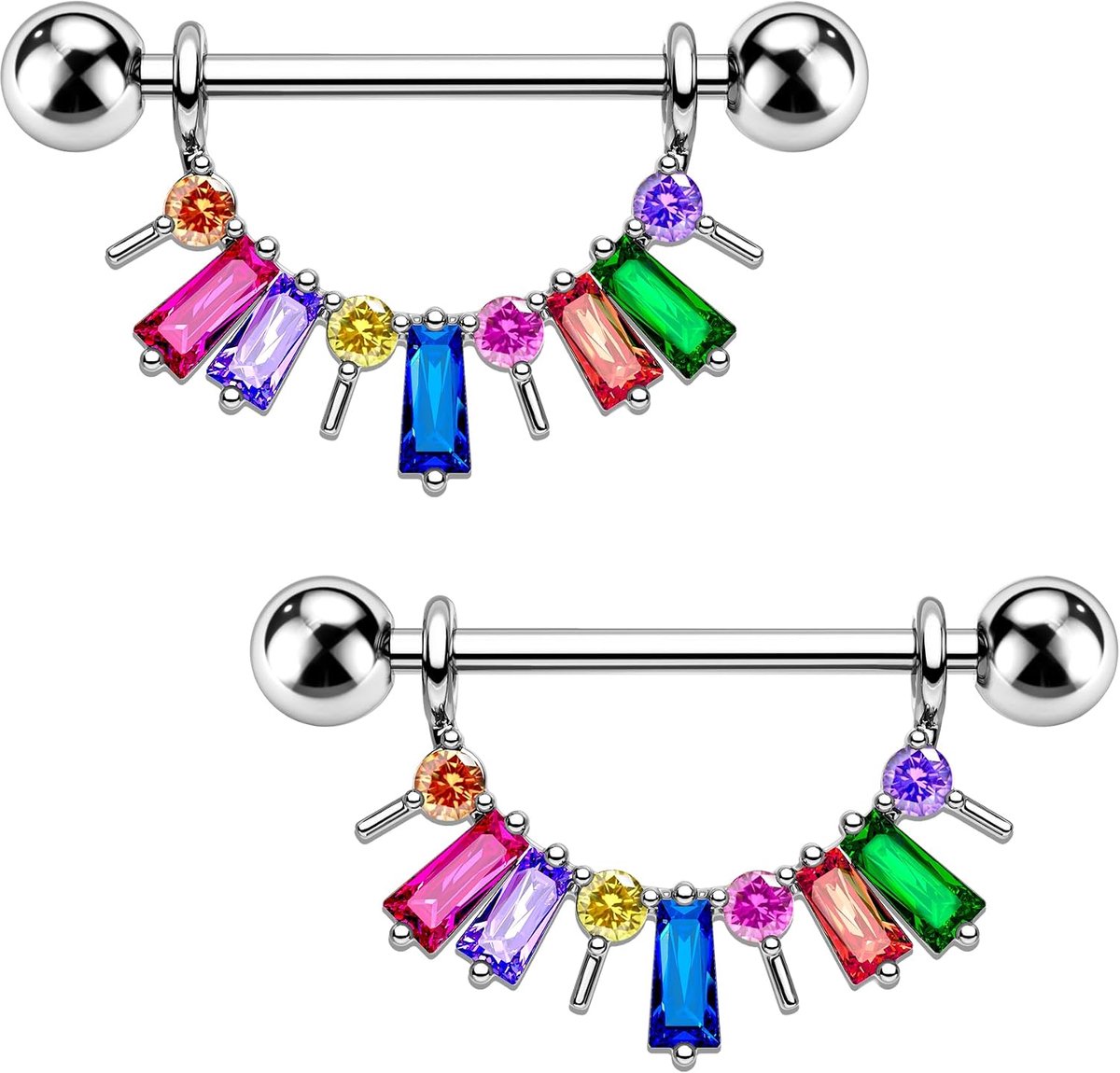 2 stuks 14G tepelpiercing gekleurde CZ hangende tepelpiercing sieraden 316L chirurgisch staal tepelpiercing voor vrouwen 14mm