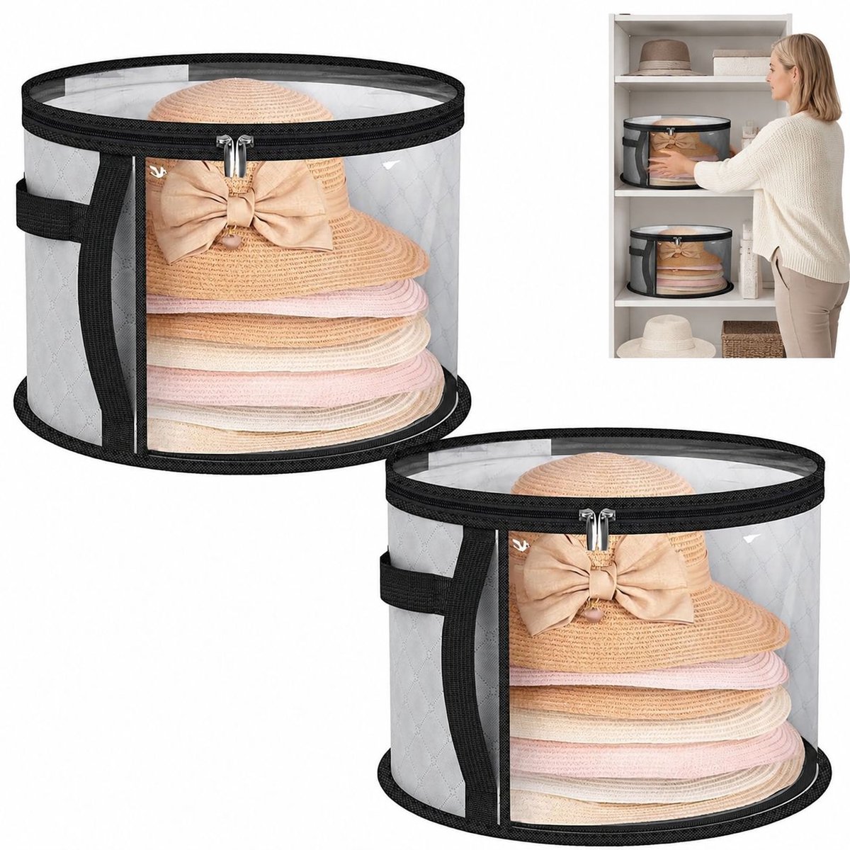 VHV - Hoedendoos transparant - Set van 2 opvouwbare opbergdozen 42 x 42 x 26 cm voor brede hoeden