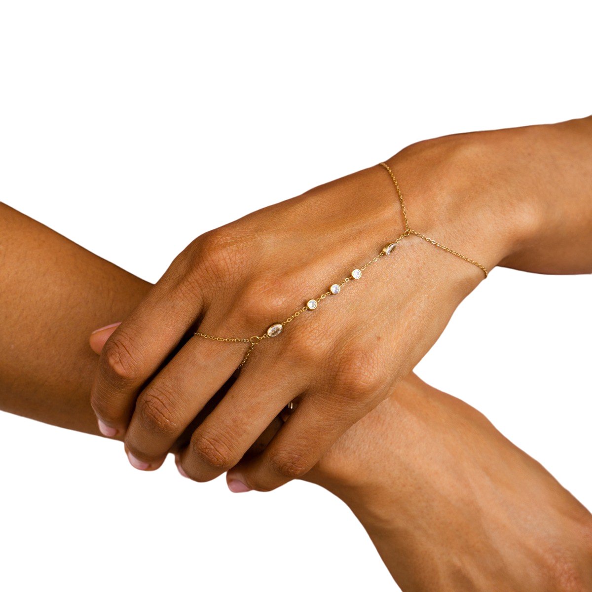 Hand Armband met Vingerring & Strass Stenen - Roestvrij Staal (RVS) - Fijnmazige Handketting met Glanzende Steentjes - Slave Bracelet / Finger Chain - Sieraden Cadeau Vrouw