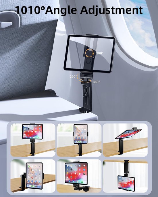 Tablethouder voor vliegtuig, tablethouder voor iPad, 360° draaibaar, reismust haves tabletstandaard, compatibel met 4-10,9 inch elektronica, universeel voor vliegtuig, tafel, keuken, kantoor — afbeelding 3