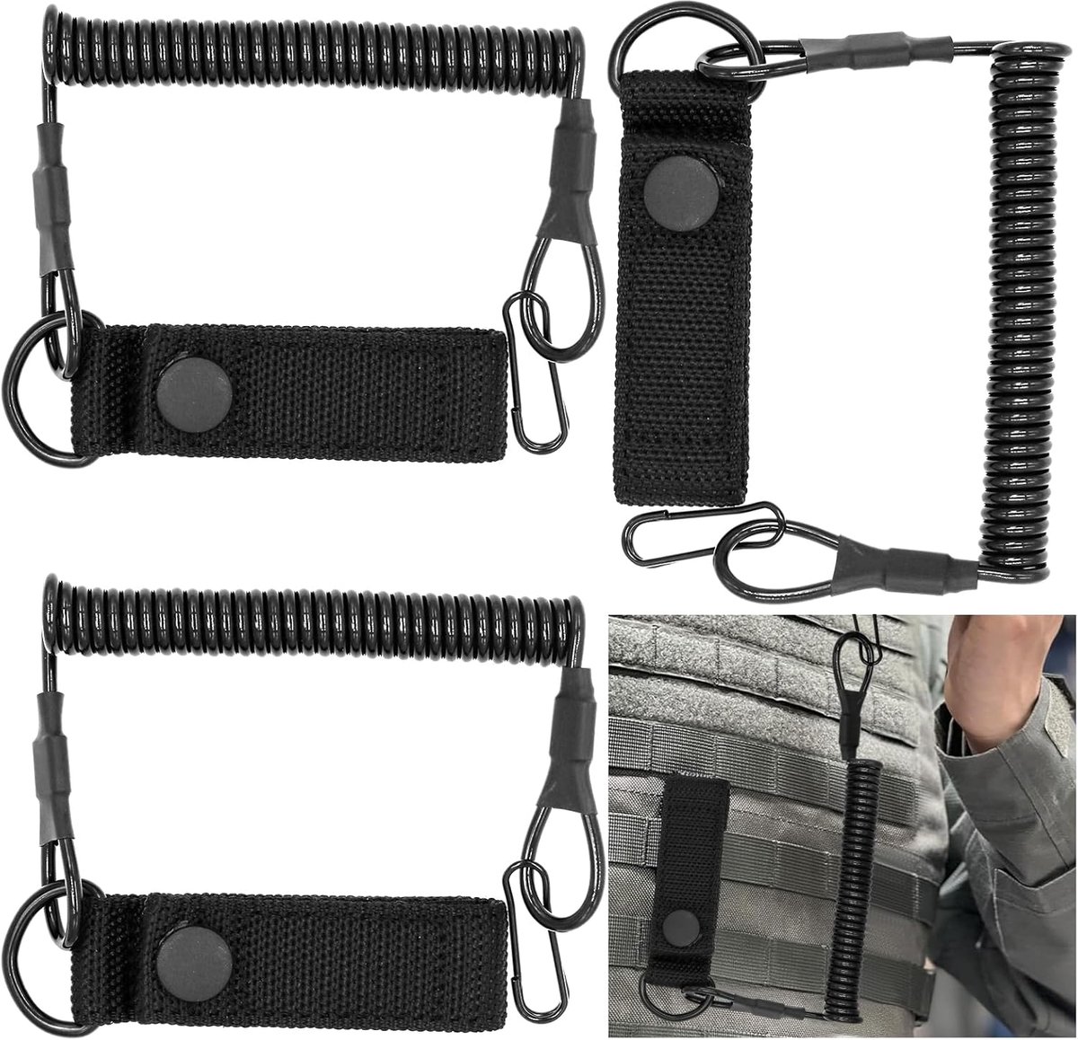 Tactical sleutelhangers, 3 stuks, spiraalvormig, ketting met karabijnhaak, zwart, uittrekbaar, 125 cm, voor vissen, sleutels, camping